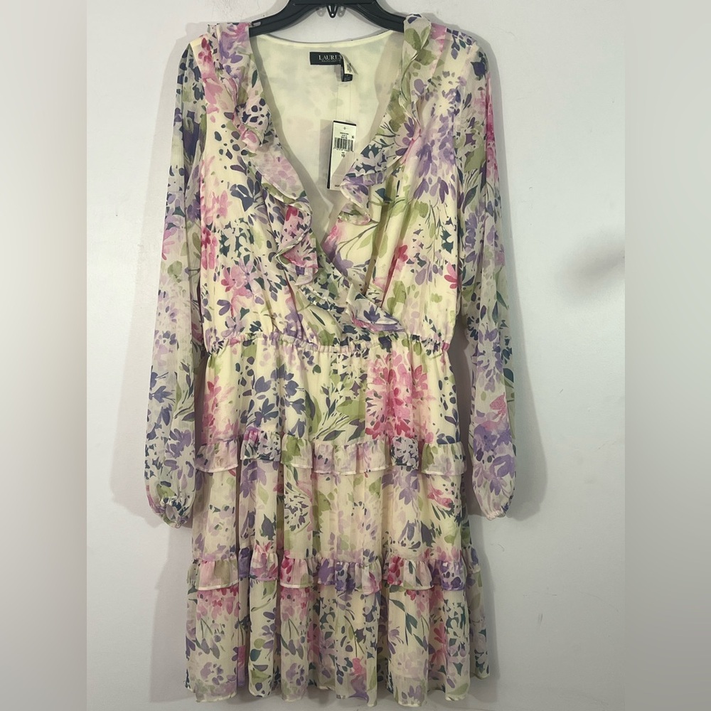 Lauren Ralph Lauren Floral Ruffle V Neck Long Sleeve Dress Size 10 NWT Lined